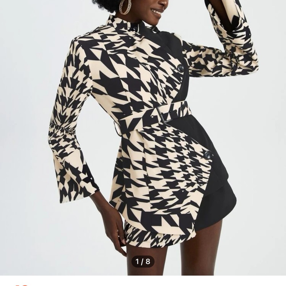 Eggshell and black Houndstooth Print Flounce Sleeve Belted Jacket.